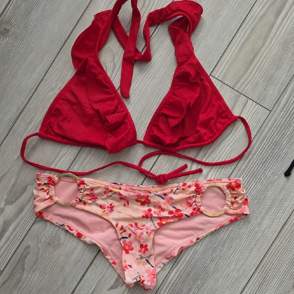 Victoria's Secret Red Triangle Bikini Top with Pink Floral Bikini Bottom